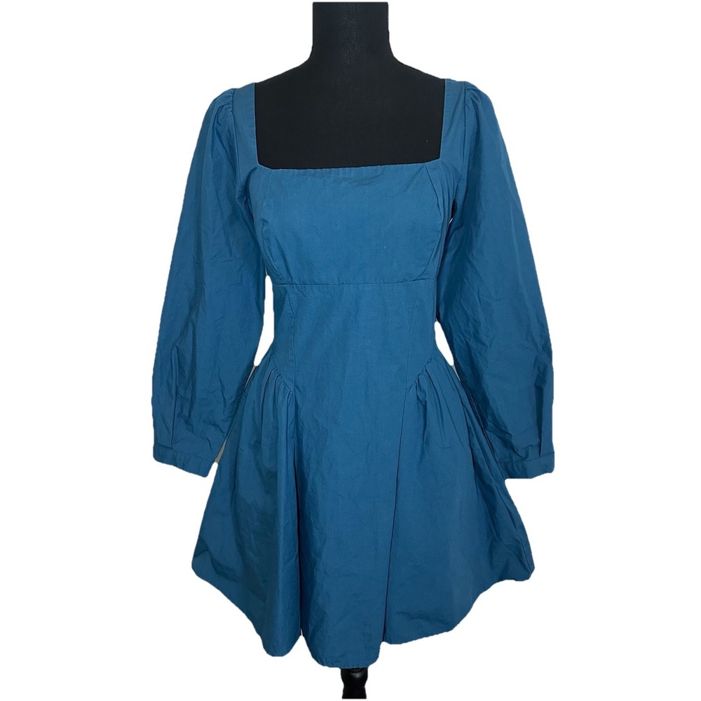 Anthropologie Womens SMALL Teal Blue Square Neck Poplin Mini Dress Cottage Fairy